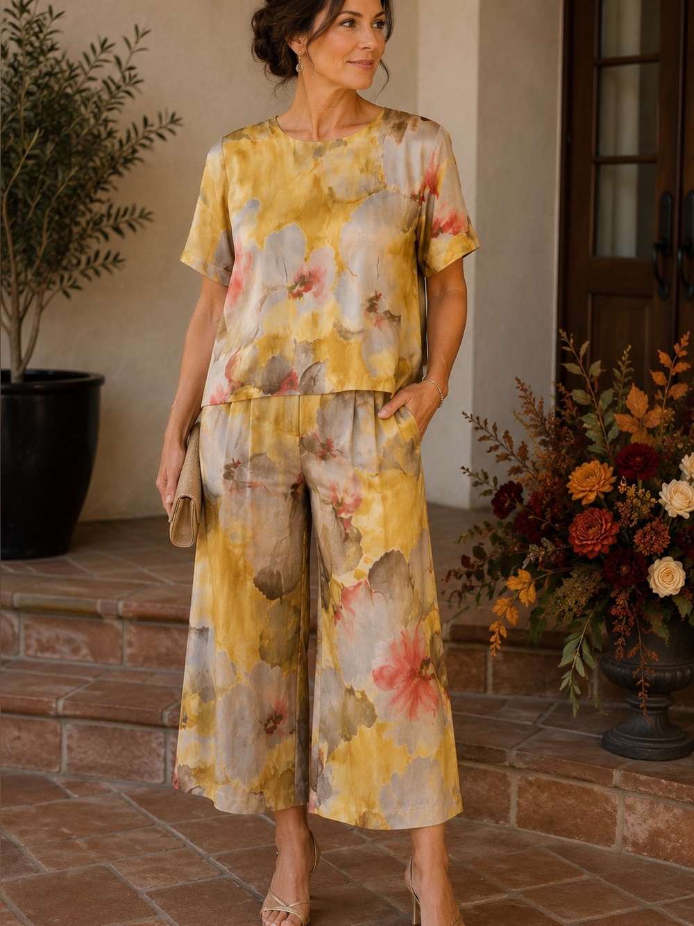 Vintage 80s 90s In Group Ltd Rayon Floral Matching Two Piece Pant Set Set Sz 8